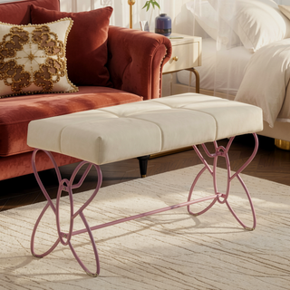 Sunvega White and Light Pink Tufted Bench with Butterfly Design and Padded Seat