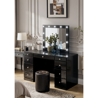 Sunvega Black Contemporary Upholstered Vanity Stool with Button Tufted Seat