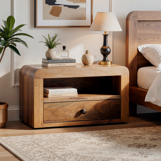 Sunvega Chunky Oak-ish Floating Bedside Table with Drawer and Open Shelf