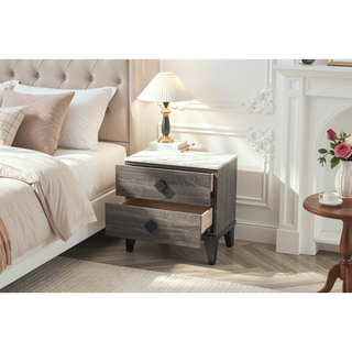 Sunvega Cream Oak Nightstand with Faux Marble Top and Rustic Wood Accents