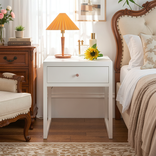 Sunvega Modern White Nightstand with Drawer and Wood Knob for Small Spaces