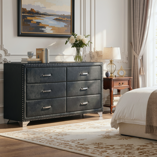 Sunvega Upholstered Dresser with Six Spacious Drawers and Nail Head Trim