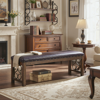 Sunvega Weathered Cherry Finish Bench with PU Leather Cushion and 16" Floor Clearance