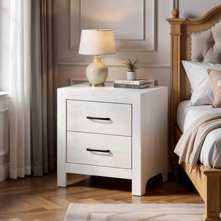Sunvega 24 Inch Nightstand with 2 Drawers and Black Nickel Handles in White Finish