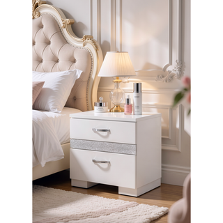 Sunvega White High Gloss Finish Nightstand with Three Felt-Lined Drawers and Metal Handles