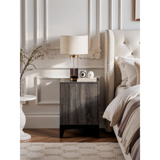 Sunvega White Laminate Nightstand with Wood Grain Detailing and Two Spacious Drawers