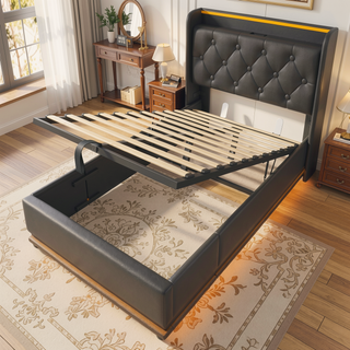 Sunvega Full Size Upholstered Bed with 360 LED Lighting Hydraulic Storage and USB Charging