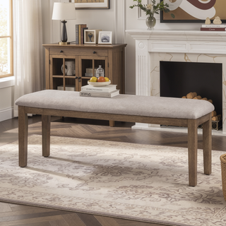 Sunvega Rectangular Solid Wood Bench with Fabric Upholstered Seat and Chamfered Legs