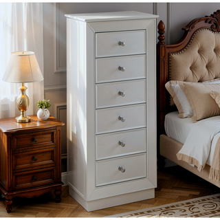 Sunvega Modern White Jewelry Armoire with Mirror and Six Felt-Lined Drawers
