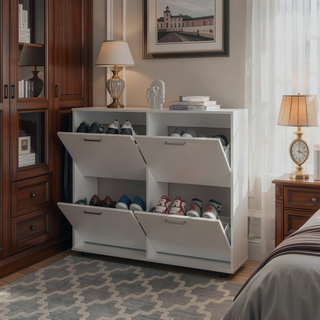 Sunvega White Tilt-Out 4-Door Storage Cabinet with Modern Industrial Design