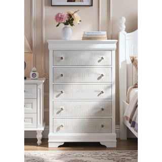 Sunvega Modern Metallic Gray Wood 5-Drawer Chest with Textured Surface and Crystal Knobs