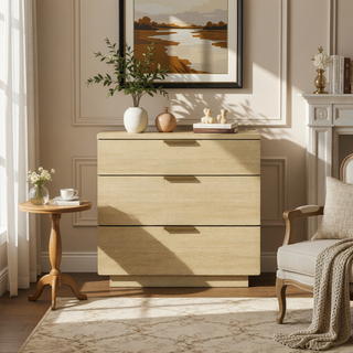 Sunvega Modern Oak Nightstand with 3 Drawers and Glam Metal Handles for Bedroom