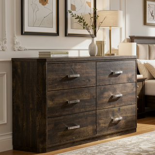 Sunvega Rustic Walnut Finish Six-Drawer Dresser with Brushed Nickel Handles