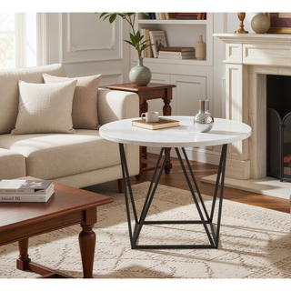 Sunvega White Marble Top Round Dining Table with Deep Bronze Iron Base