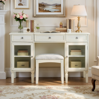 Sunvega White Oak Vanity Desk with Flip-Top Mirror and Stool for Dressing Room