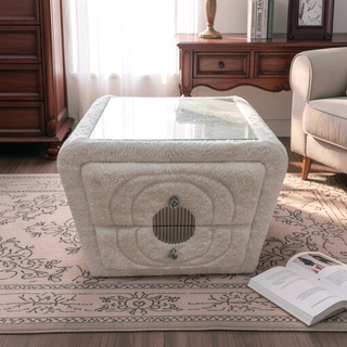 Sunvega White Teddy Sherpa Nightstand With Chrome Crystal Knob And Glass Top
