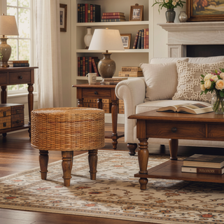Sunvega Handcrafted Brown Solid Wood Regency Round Woven Stool