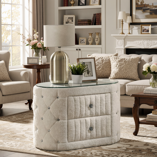 Sunvega Ivory Upholstered Nightstand with Two Spacious Drawers and Glass Top