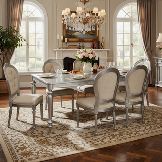 Sunvega Silver Finish Rectangular Dining Table with Mirror Trim and Draw Leaf