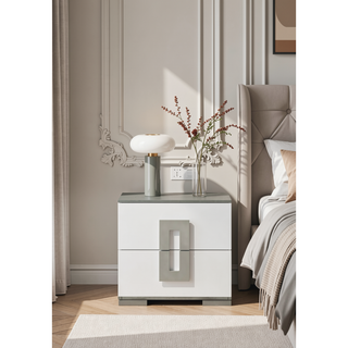 Sunvega Sleek White Modern Nightstand with Two Spacious Drawers for Bedside