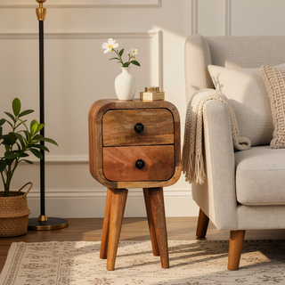 Sunvega Ultra-Compact Solid Mango Wood Bedside Table with Two Drawers
