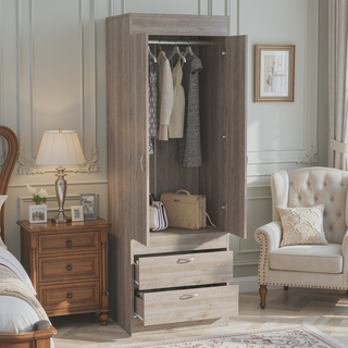 Sunvega Light Gray Armoire with Double Doors Two Drawers and Integrated Hanging Rod
