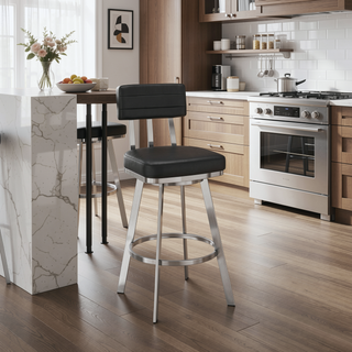 Sunvega 30 Inch Swivel Bar Stool with Black Faux Leather and Brushed Stainless Steel