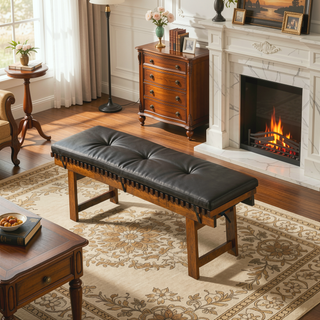 Sunvega Black PU Leather Upholstered Lucia Bench with Solid Teak Wood Legs