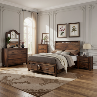 Sunvega Oak Nightstand with Two Drawers and Antique Brass Hardware for Bedroom