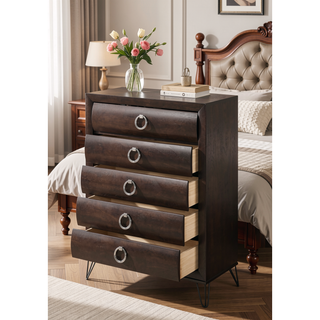 Sunvega Dark Merlot Finish Chest with Five Drawers and Black Metal Legs