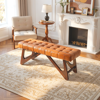 Sunvega Mid-Century Modern Tan Leather Upholstered Bench with Buttons and Solid Wood Frame