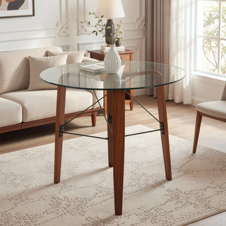 Sunvega Contemporary Round Walnut Wood Tripod Dinette Table with Tempered Glass Top