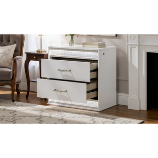 Sunvega Glam Modern White Wood Nightstand with LED Lights and Velvet Lined Drawer