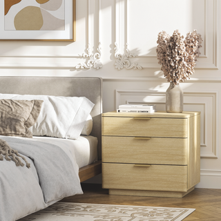 Sunvega Modern Oak Nightstand with 3 Drawers and Glam Metal Handles for Bedroom