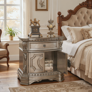 Sunvega Antique Champagne Finish Nightstand with Drawer and Cabinet for Bedroom
