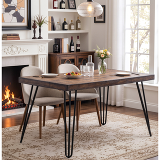 Sunvega Industrial Hairpin Metal Dining Table in Rustic Dark Pine for Living Room