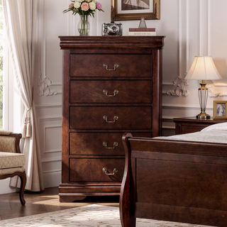 Sunvega Dark Cherry Finish Transitional Chest with English Dovetail Drawers and Bracket Legs