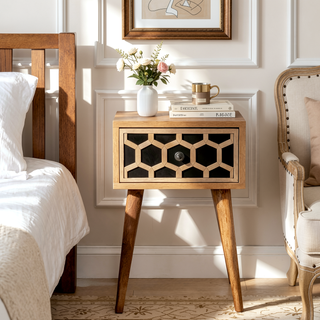 Sunvega Solid Wood Mini Bedside Table with Bone Inlay Drawer and Nordic Legs