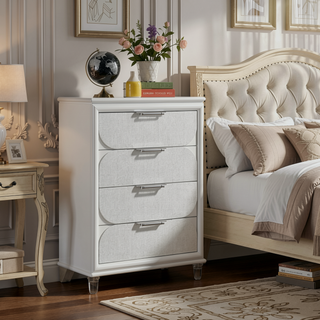 Sunvega Contemporary Glam Pearl White Nightstand with Embossed Panels and Acrylic Handles