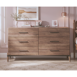 Sunvega Walnut Finish Six Drawer Dresser with Antique Bronze Hardware and Metal X Base