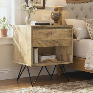 Sunvega Handcrafted Solid Mango Hardwood Nightstand with Drawer and Open Shelf