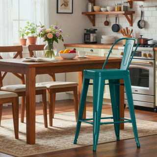 Sunvega Teal Blue Metal Counter Height Stool Set of 4 with Curved Back