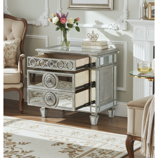 Sunvega Mirrored Nightstand with Geometric Trim and Crystal Knobs for Bedroom