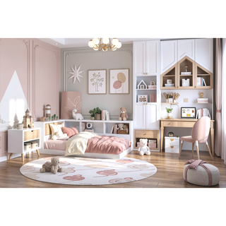 Sunvega White and Natural Finish Pine Wood Nightstand with Drawer and Shelf