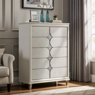 Sunvega Pearl White 5-Drawer Chest with Diamond Star Design for Bedroom