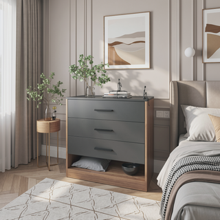 Sunvega Matt Grey and Macadamia Dresser with Three Spacious Drawers and Open Shelf
