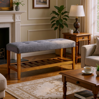 Sunvega Tufted Padded Seat Bench with Open Shelf for Contemporary Spaces