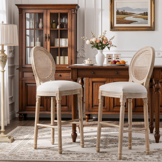 Sunvega French Style Solid Wood Frame Linen Fabric Oval Back Dining Chairs Set of 2