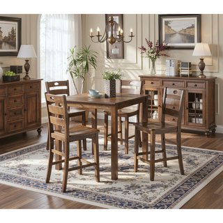 Sunvega Walnut Finish Transitional Dining Table Set with Square Table and Slat Back Chairs