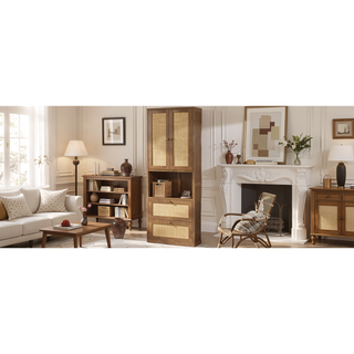 Sunvega Walnut Side Cabinet with Rattan Doors USB Port and 3 Drawers Storage Shelves